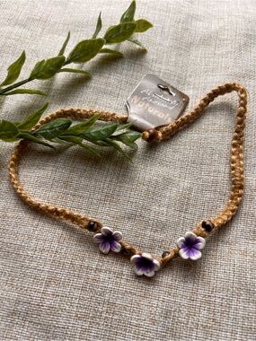 BOHO Brown Corded Hemp Hawaiian Vacation Chocker Necklace with Flowers